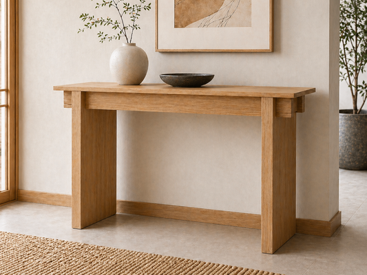 Solid wood console table in Japandi entryway