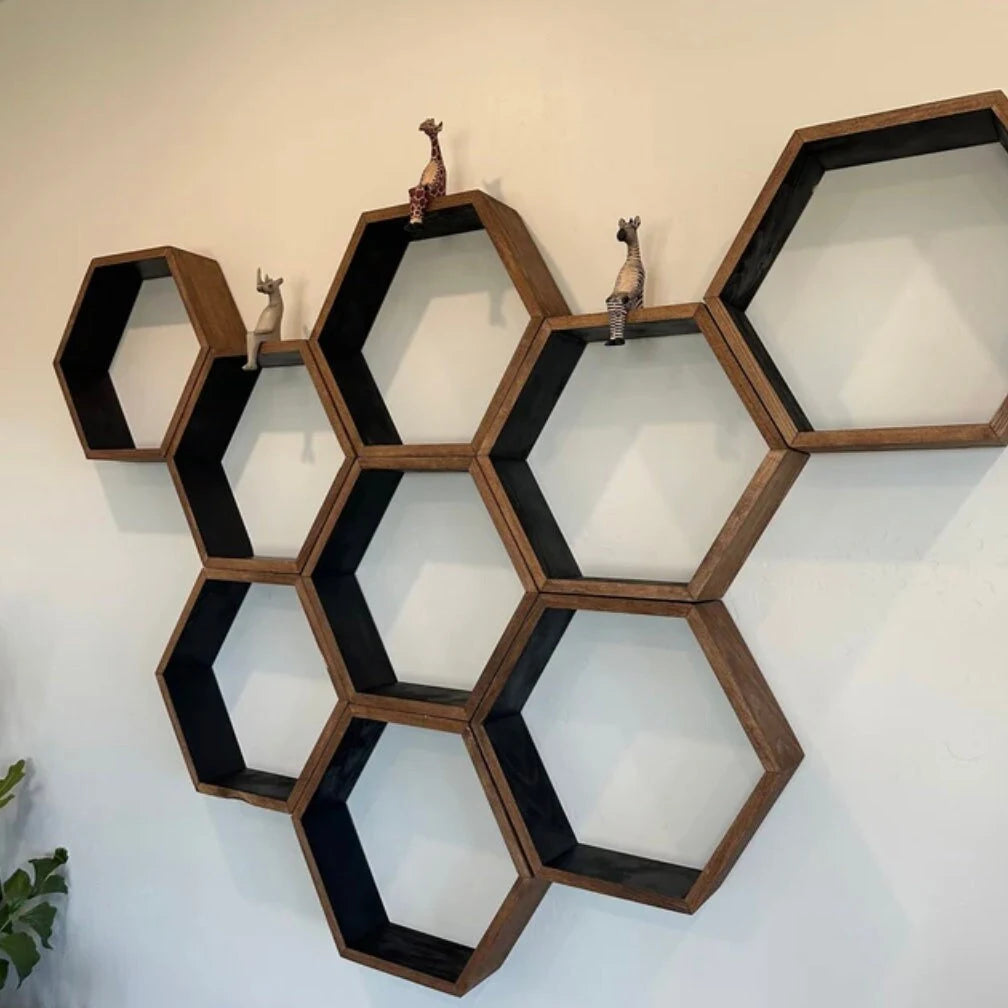 Honeycomb Hardwood Shelves β Set of 3 Hexagon Display Shelves