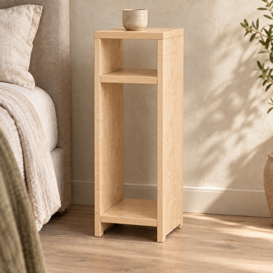 Maple narrow bedside table with one interior shelf — concept render