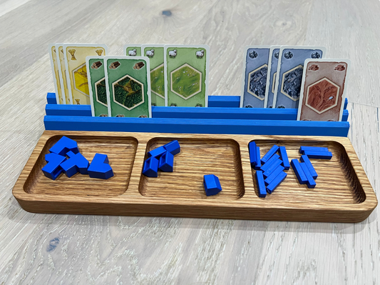 Hardwood board game token tray and removable card stand for tabletop gaming