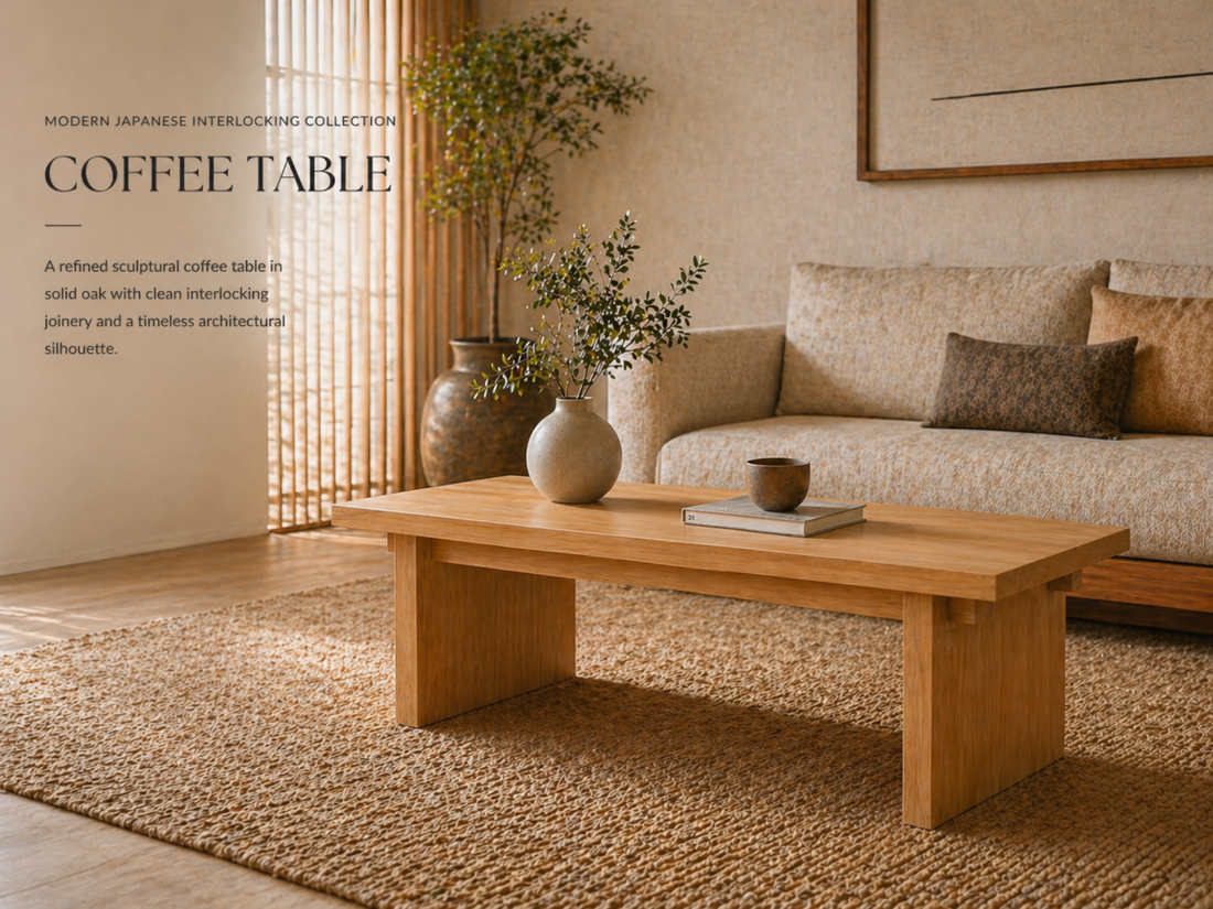 Solid oak Japanese-inspired interlocking coffee table in a minimalist living space