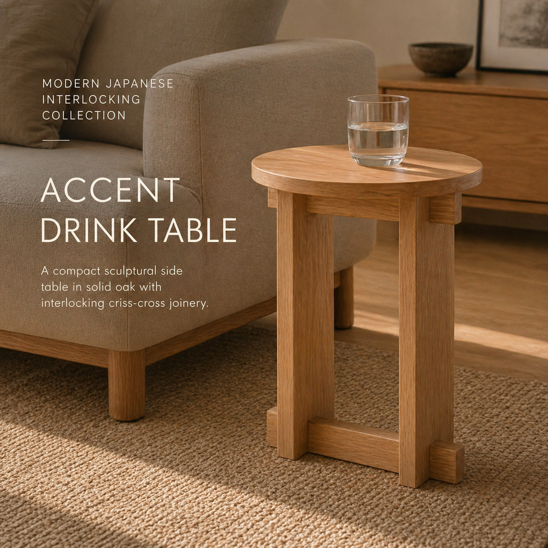 Solid hardwood Japanese-inspired side table beside a reading nook