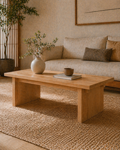 Solid wood coffee table in Japandi living room