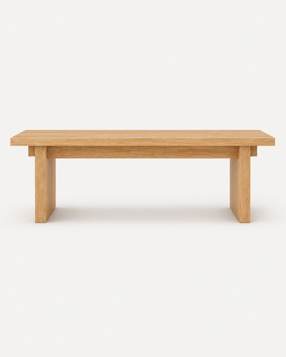 Oak coffee table with slab legs and interlocking upper beams