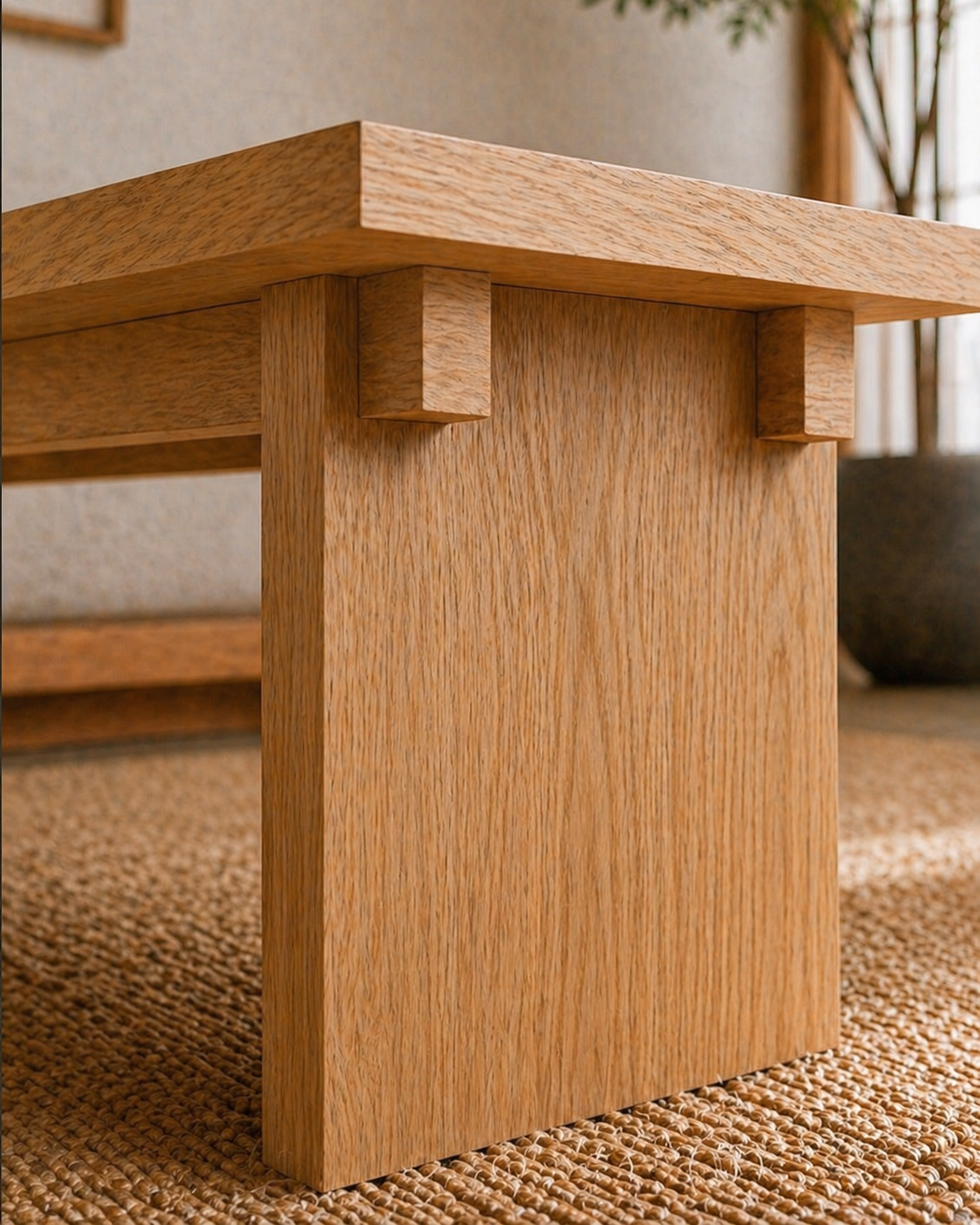 Close-up of solid wood coffee table joinery
