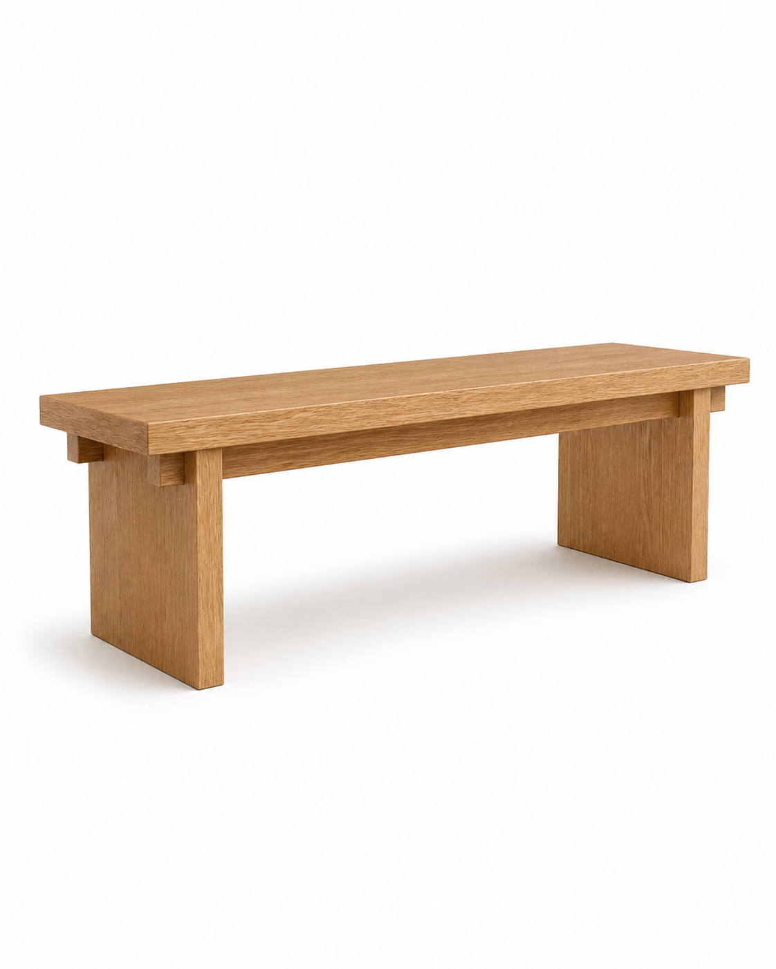 Oak entry bench with slab legs and interlocking support rails
