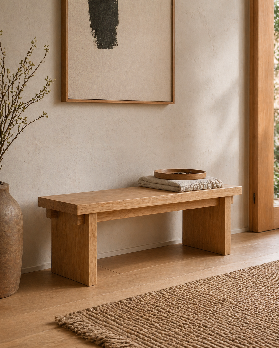 Solid wood entryway bench in Japandi hallway
