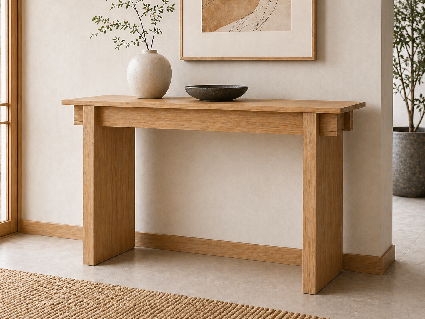 Solid wood console table in Japandi entryway
