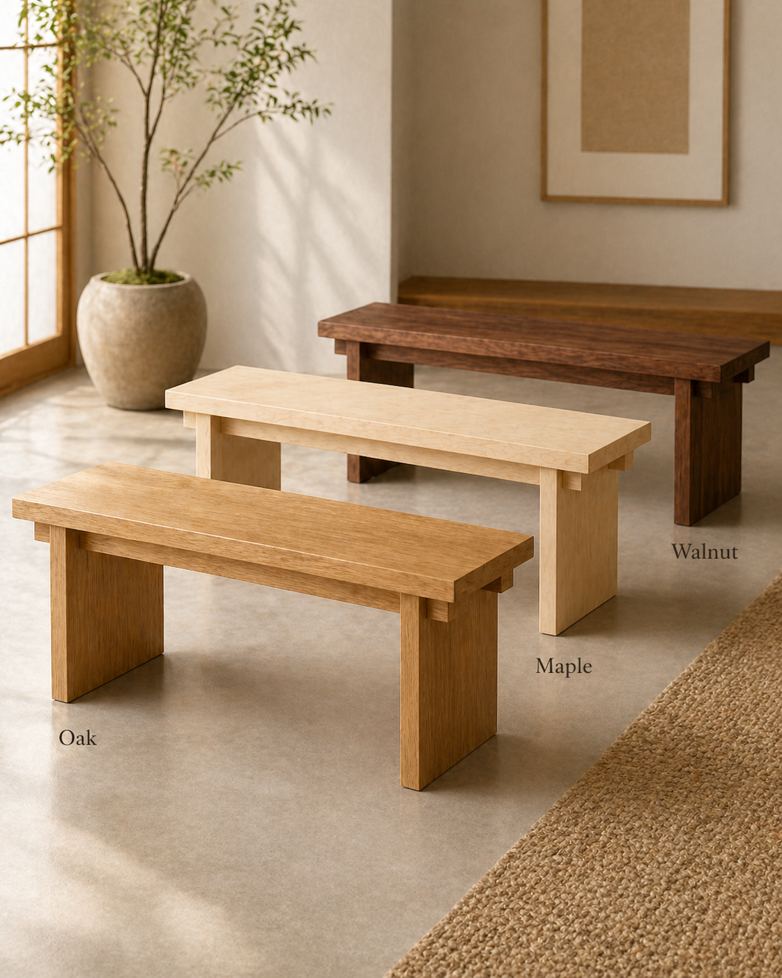 Oak, maple, and walnut entry bench wood options
