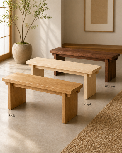 Oak, maple, and walnut entry bench wood options
