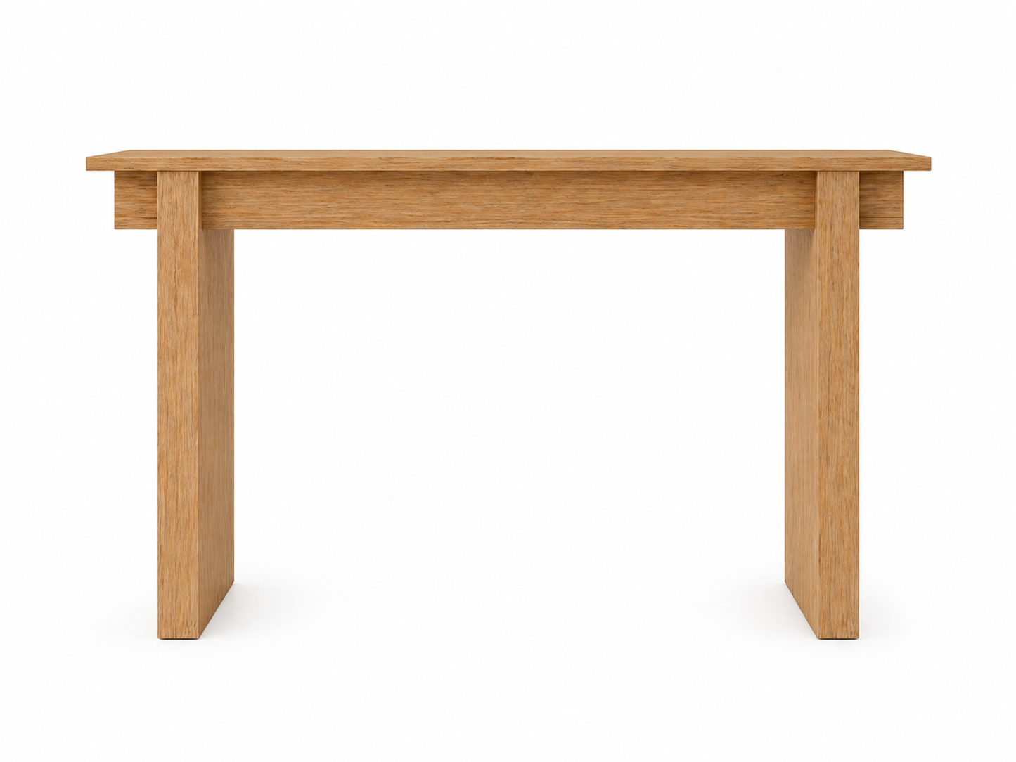 Oak console table with slab legs and interlocking upper beams
