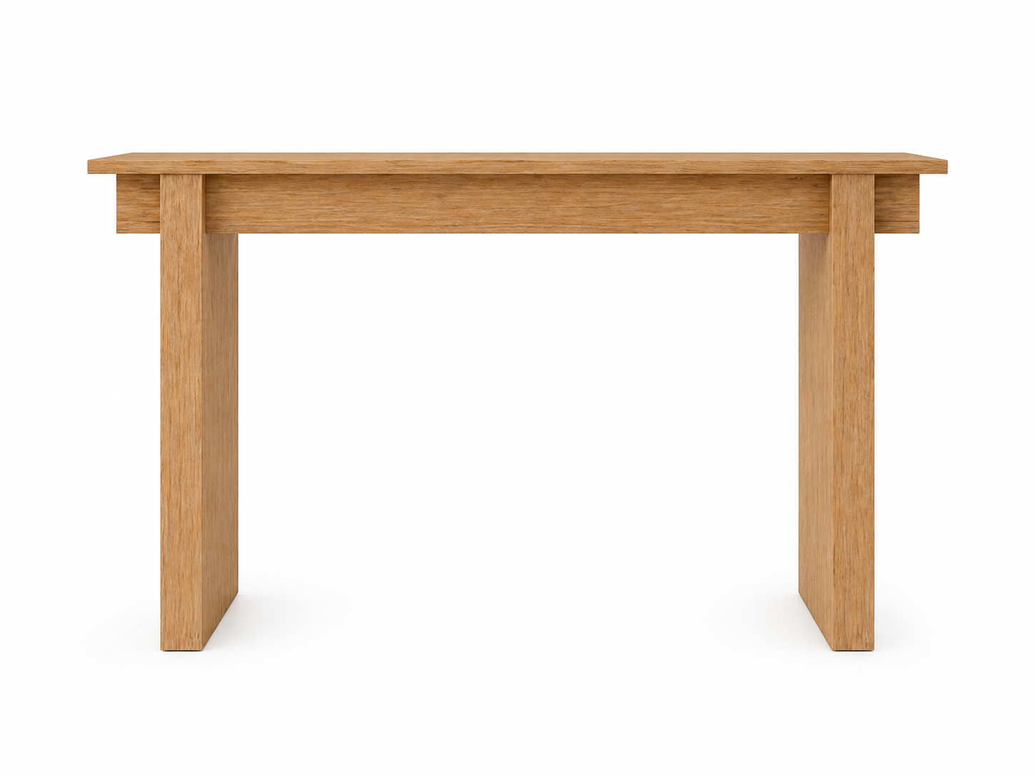Oak console table with slab legs and interlocking upper beams
