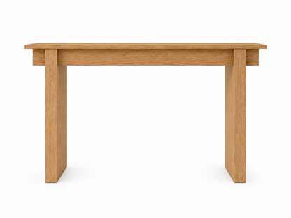 Oak console table with slab legs and interlocking upper beams
