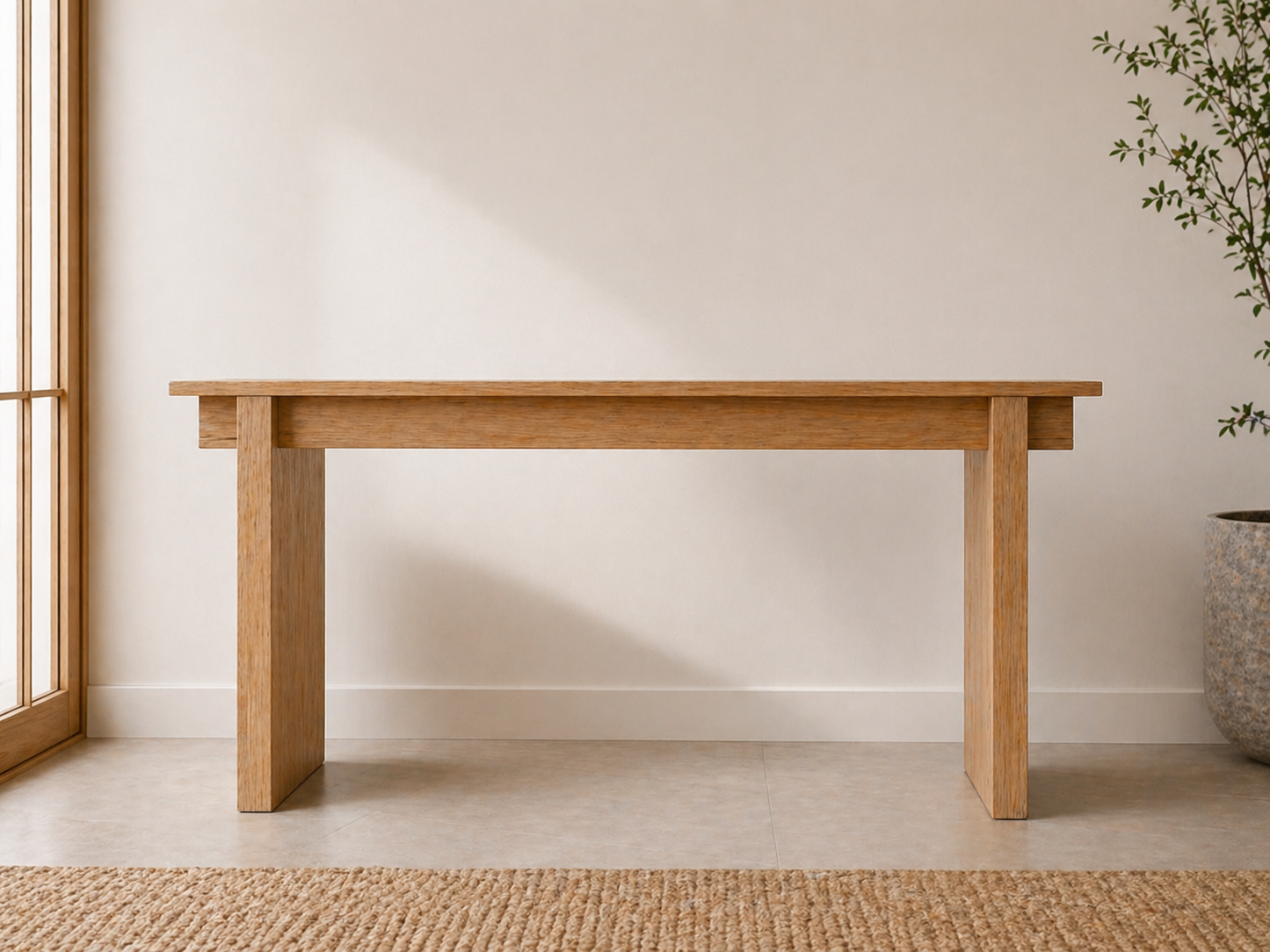 Close-up of solid wood console table joinery
