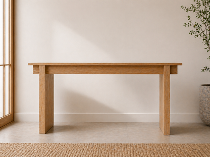 Close-up of solid wood console table joinery
