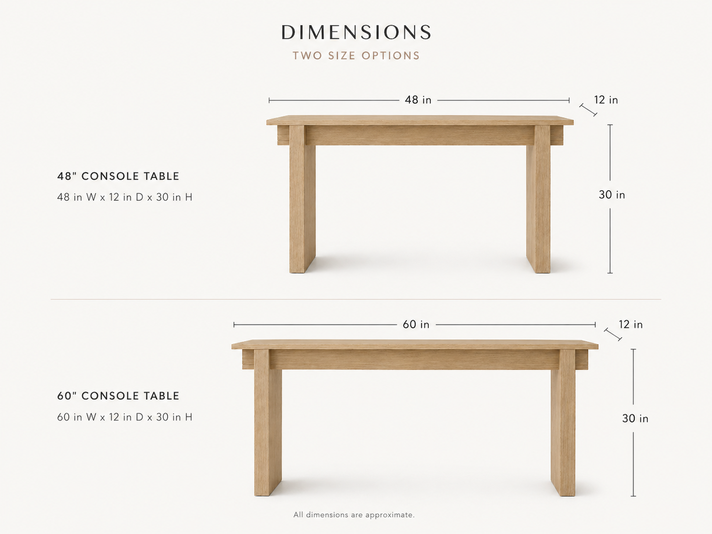 Modern Japanese console table size comparison
