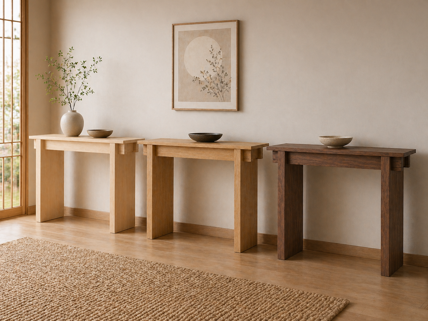 Oak, maple, and walnut console table wood options
