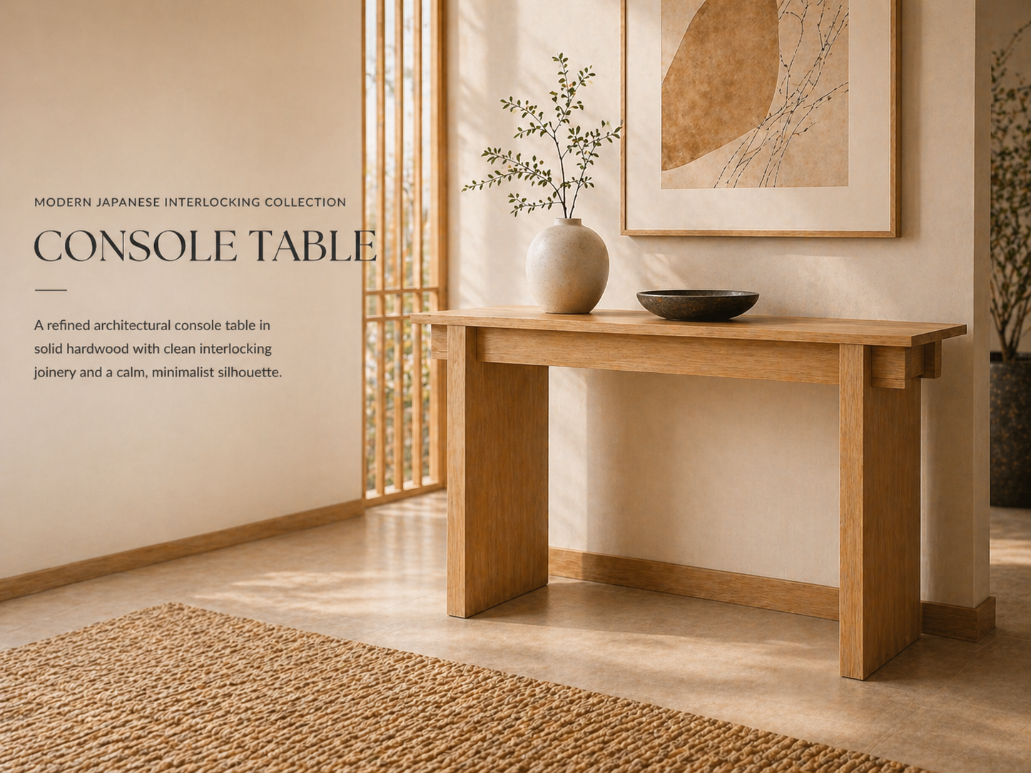 Modern Japanese interlocking console table in solid oak
