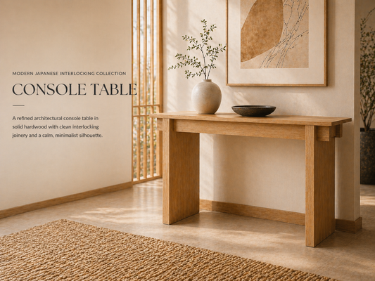 Modern Japanese interlocking console table in solid oak
