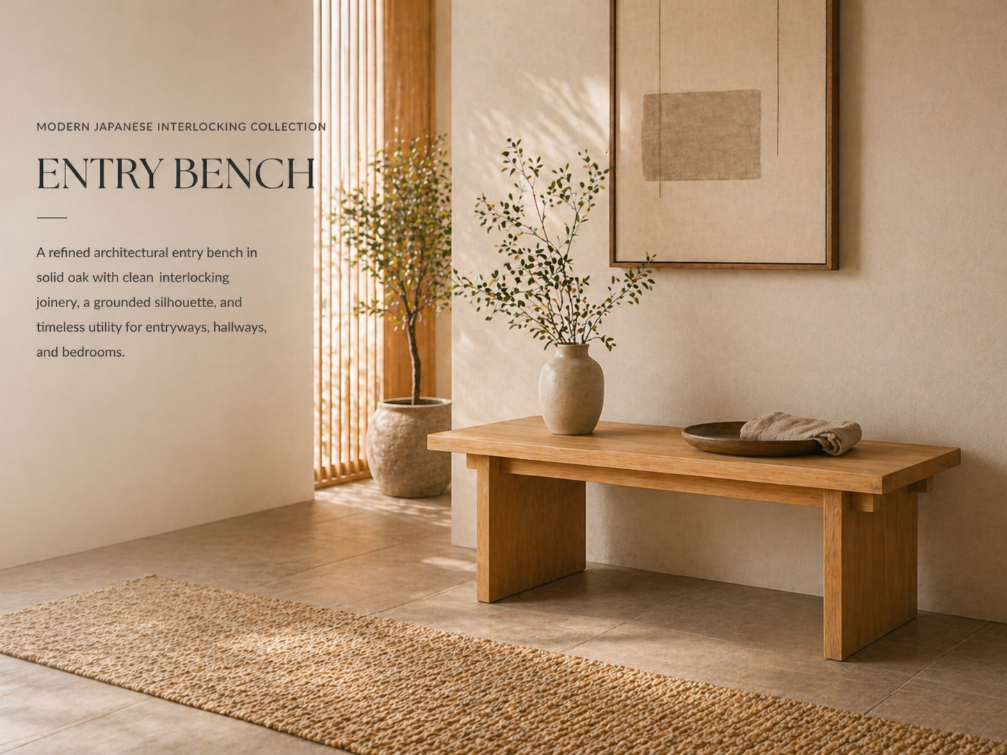 Modern Japanese interlocking entry bench in solid oak
