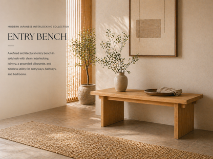 Modern Japanese interlocking entry bench in solid oak
