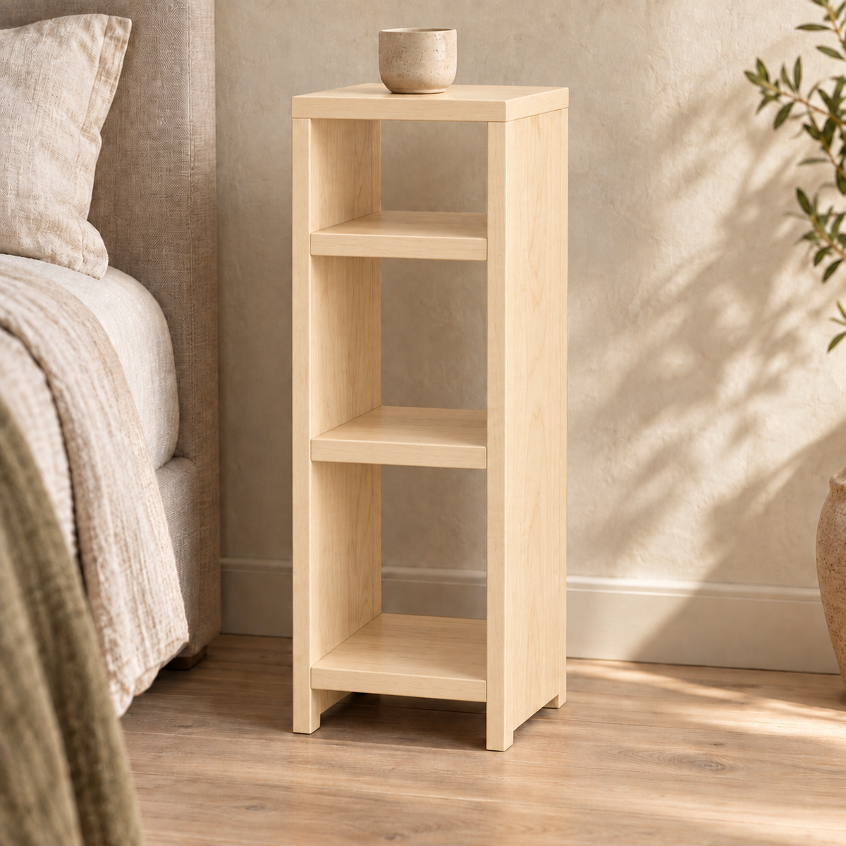 Maple narrow bedside table with 2 interior shelves — concept render