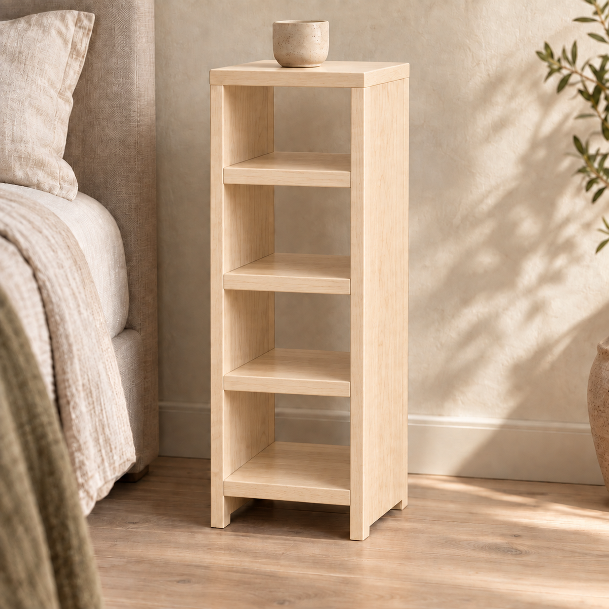 Maple narrow bedside table with 3 interior shelves — concept render