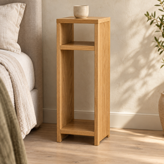 Oak narrow bedside table with one interior shelf — concept render
