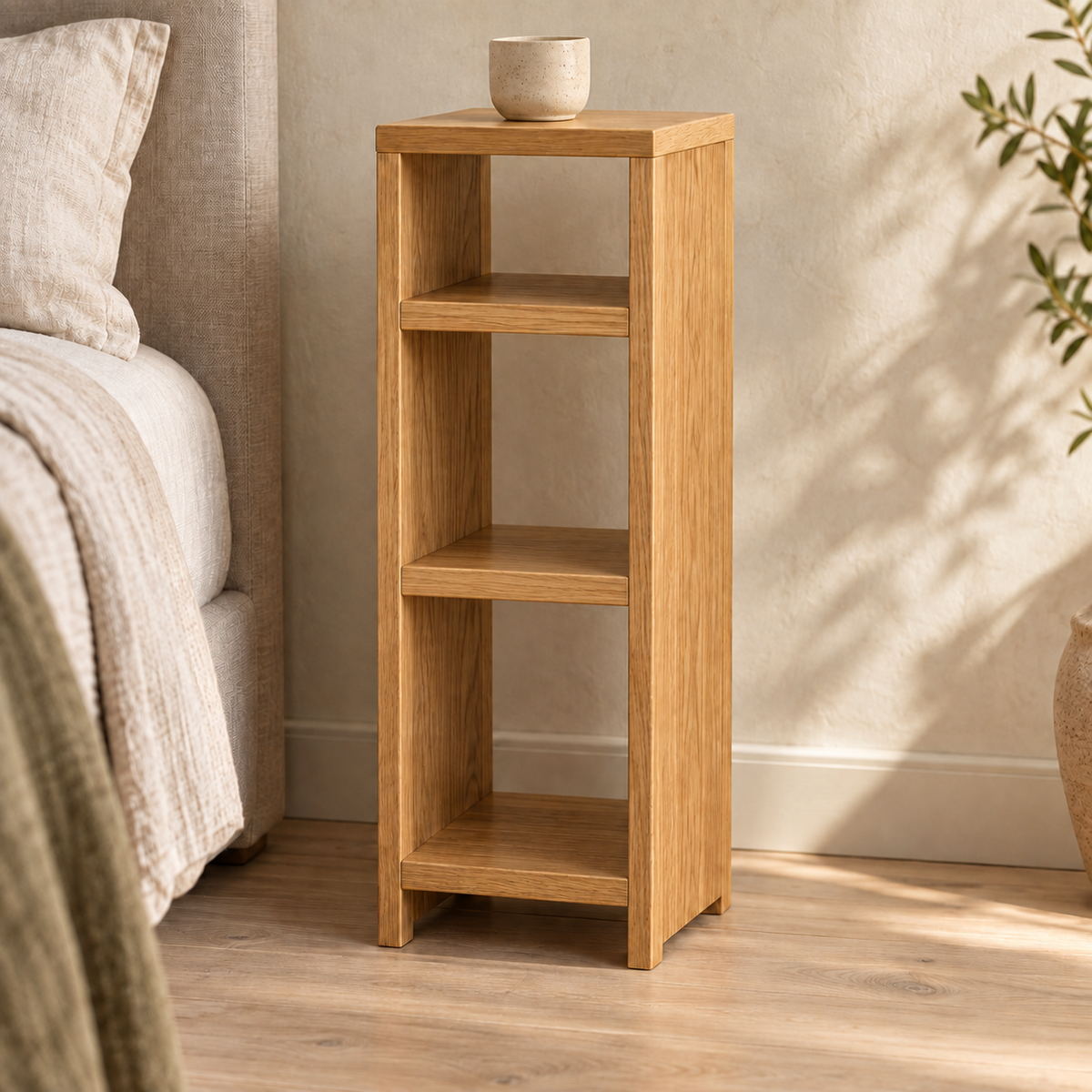 Oak narrow bedside table with two interior shelves — concept render