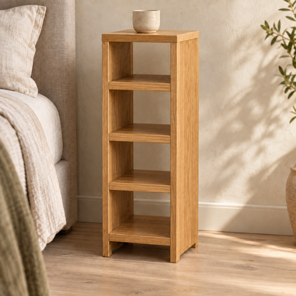 Oak narrow bedside table with three interior shelves — concept render