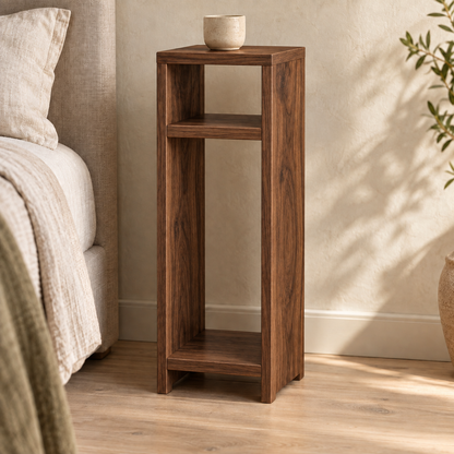 Walnut narrow bedside table with one interior shelf — concept render