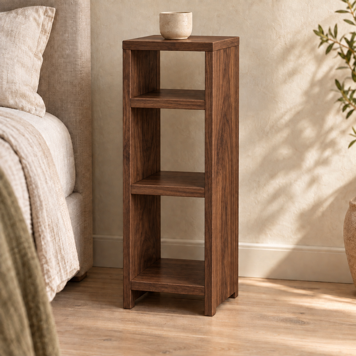 Walnut narrow bedside table with 2 interior shelves — concept render