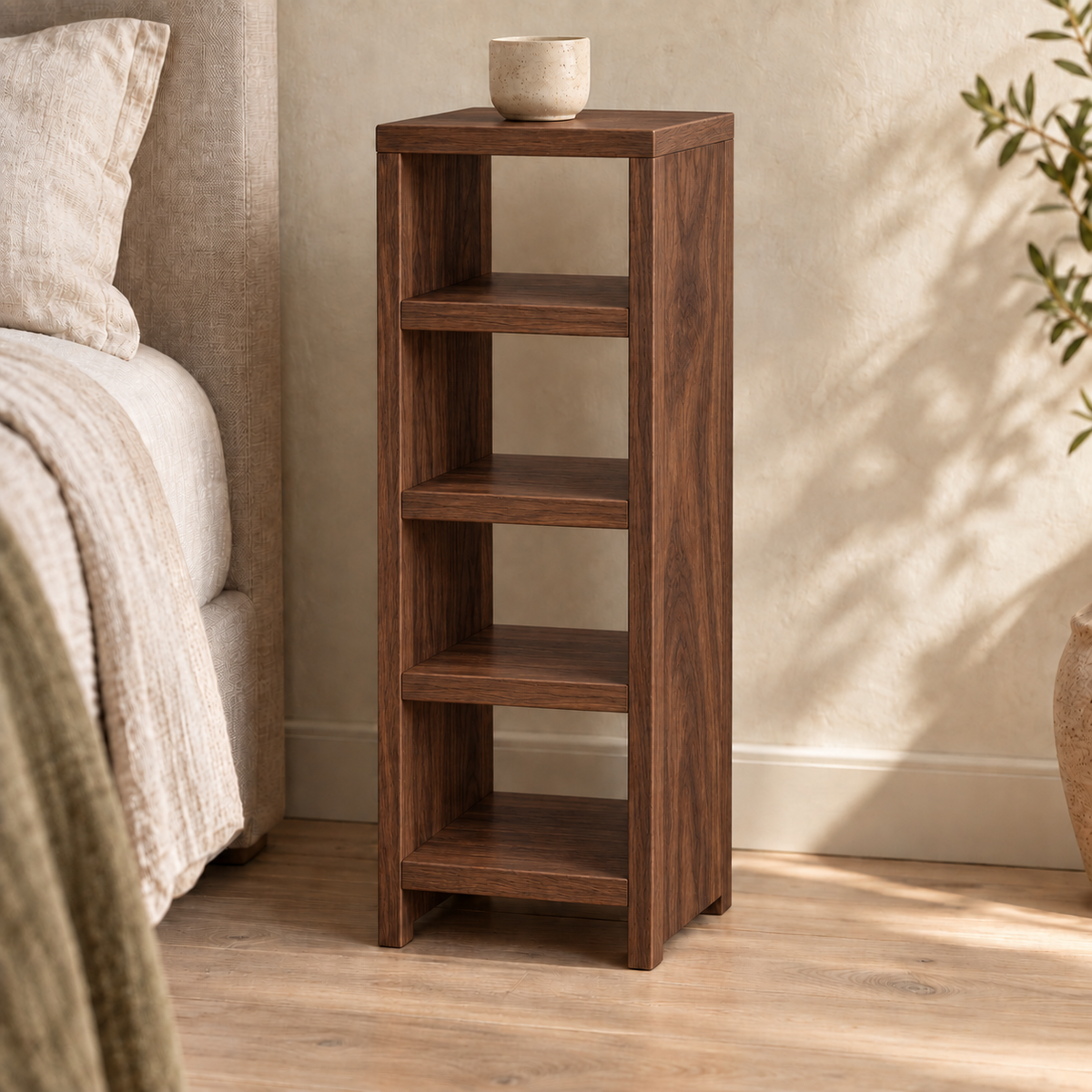 Walnut narrow bedside table with three interior shelves — digital render