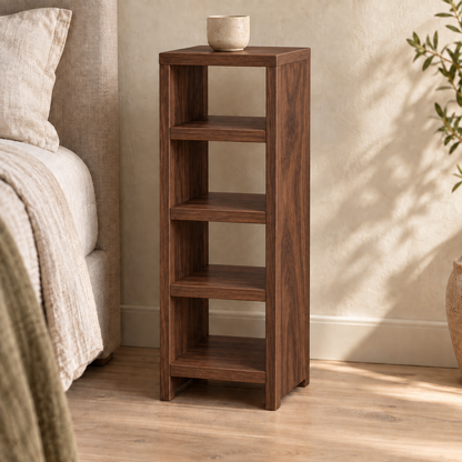 Walnut narrow bedside table with three interior shelves — digital render