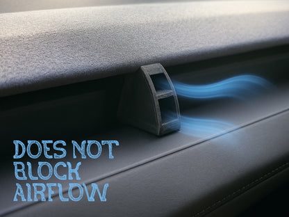 Concept illustration of Tesla front vent air freshener adapter positioned to keep vent airflow unobstructed